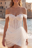 Off the Shoulder Ivory Corset Ruched Short Graduation Dress with Sash