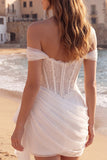 Off the Shoulder Ivory Corset Ruched Short Graduation Dress with Sash