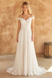 Off The Shoulder Ivory Lace A Line Long Wedding Dress
