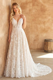 Ivory Lace A Line Spaghetti Straps Long Wedding Dress