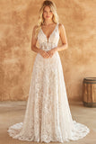 Ivory Lace Corset A Line V-Neck Long Wedding Dress