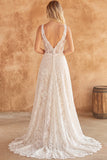 Ivory Lace Corset A Line V-Neck Long Wedding Dress