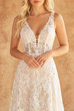 Ivory Lace Corset A Line V-Neck Long Wedding Dress