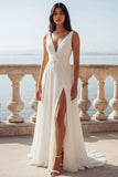 Ivory A Line V-Neck Ruched Long Wedding Dress with Slit