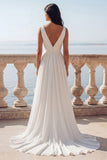 Ivory A Line V-Neck Ruched Long Wedding Dress with Slit