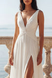 Ivory A Line V-Neck Ruched Long Wedding Dress with Slit