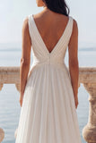 Ivory A Line V-Neck Ruched Long Wedding Dress with Slit