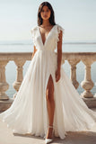 Ivory A Line V-Neck Ruffled Long Wedding Dress with Slit