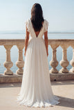 Ivory A Line V-Neck Ruffled Long Wedding Dress with Slit