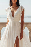Ivory A Line V-Neck Ruffled Long Wedding Dress with Slit