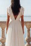 Ivory A Line V-Neck Ruffled Long Wedding Dress with Slit