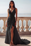 Ivory Mermaid V-Neck Ruffled Long Wedding Dress with Slit