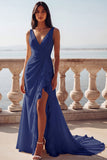 Ivory Mermaid V-Neck Ruffled Long Wedding Dress with Slit