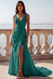 Ivory Mermaid V-Neck Ruffled Long Wedding Dress with Slit