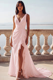 Ivory Mermaid V-Neck Ruffled Long Wedding Dress with Slit