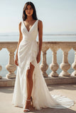Ivory Mermaid V-Neck Ruffled Long Wedding Dress with Slit