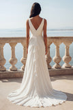 Ivory Mermaid V-Neck Ruffled Long Wedding Dress with Slit