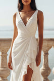 Ivory Mermaid V-Neck Ruffled Long Wedding Dress with Slit