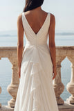 Ivory Mermaid V-Neck Ruffled Long Wedding Dress with Slit