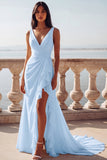Ivory Mermaid V-Neck Ruffled Long Wedding Dress with Slit