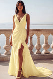 Ivory Mermaid V-Neck Ruffled Long Wedding Dress with Slit