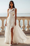 One Shoulder Ivory A Line Cut Out Ruffled Wedding Dress with Slit