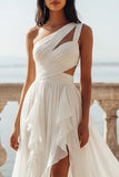 One Shoulder Ivory A Line Cut Out Ruffled Wedding Dress with Slit