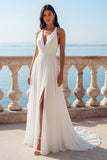 Ivory A Line V-Neck Long Elegant Wedding Dress with Slit