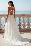 Ivory A Line V-Neck Long Elegant Wedding Dress with Slit