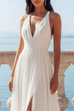 Ivory A Line V-Neck Long Elegant Wedding Dress with Slit