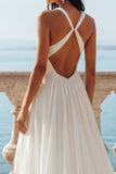 Ivory A Line V-Neck Long Elegant Wedding Dress with Slit