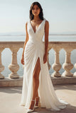 Ivory A Line V-Neck Chiffon Ruched Long Wedding Dress with Slit