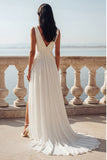 Ivory A Line V-Neck Chiffon Ruched Long Wedding Dress with Slit