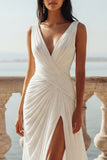 Ivory A Line V-Neck Chiffon Ruched Long Wedding Dress with Slit