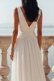 Ivory A Line V-Neck Chiffon Ruched Long Wedding Dress with Slit
