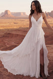 Ivory A Line Ruffled Spaghetti Straps Boho Wedding Dress with Slit