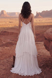 Ivory A Line Ruffled Spaghetti Straps Boho Wedding Dress with Slit