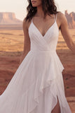 Ivory A Line Ruffled Spaghetti Straps Boho Wedding Dress with Slit