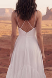 Ivory A Line Ruffled Spaghetti Straps Boho Wedding Dress with Slit
