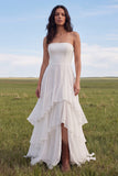 Strapless Ivory Ruffled A Line Boho Wedding Dress with Slit