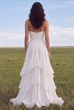 Strapless Ivory Ruffled A Line Boho Wedding Dress with Slit