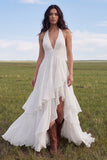 Ivory Halter A Line Ruffled Boho Wedding Dress with Slit