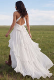 Ivory Halter A Line Ruffled Boho Wedding Dress with Slit