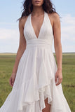 Ivory Halter A Line Ruffled Boho Wedding Dress with Slit