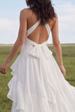Ivory Halter A Line Ruffled Boho Wedding Dress with Slit