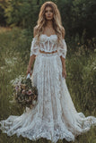 Off The Shoulder Ivory Lace Corset Boho LongWedding Dress