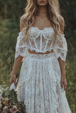 Off The Shoulder Ivory Lace Corset Boho LongWedding Dress