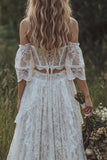 Off The Shoulder Ivory Lace Corset Boho LongWedding Dress