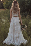 Ivory Lace A Line 2-piece Ruffled Boho Wedding Dress