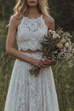 Ivory Lace A Line 2-piece Ruffled Boho Wedding Dress